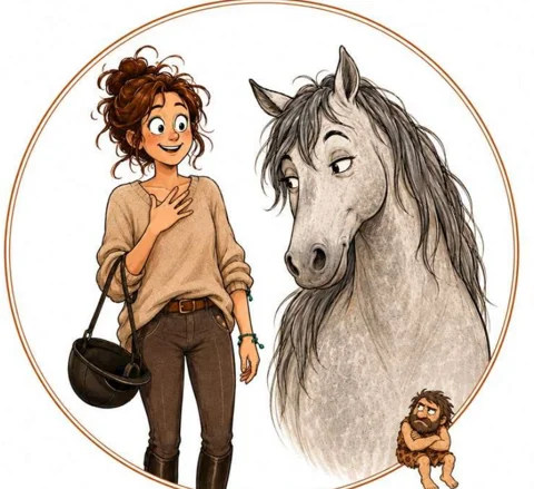 Illustration de Géraldine avec un cheval gris, et Robert assis à leurs pieds